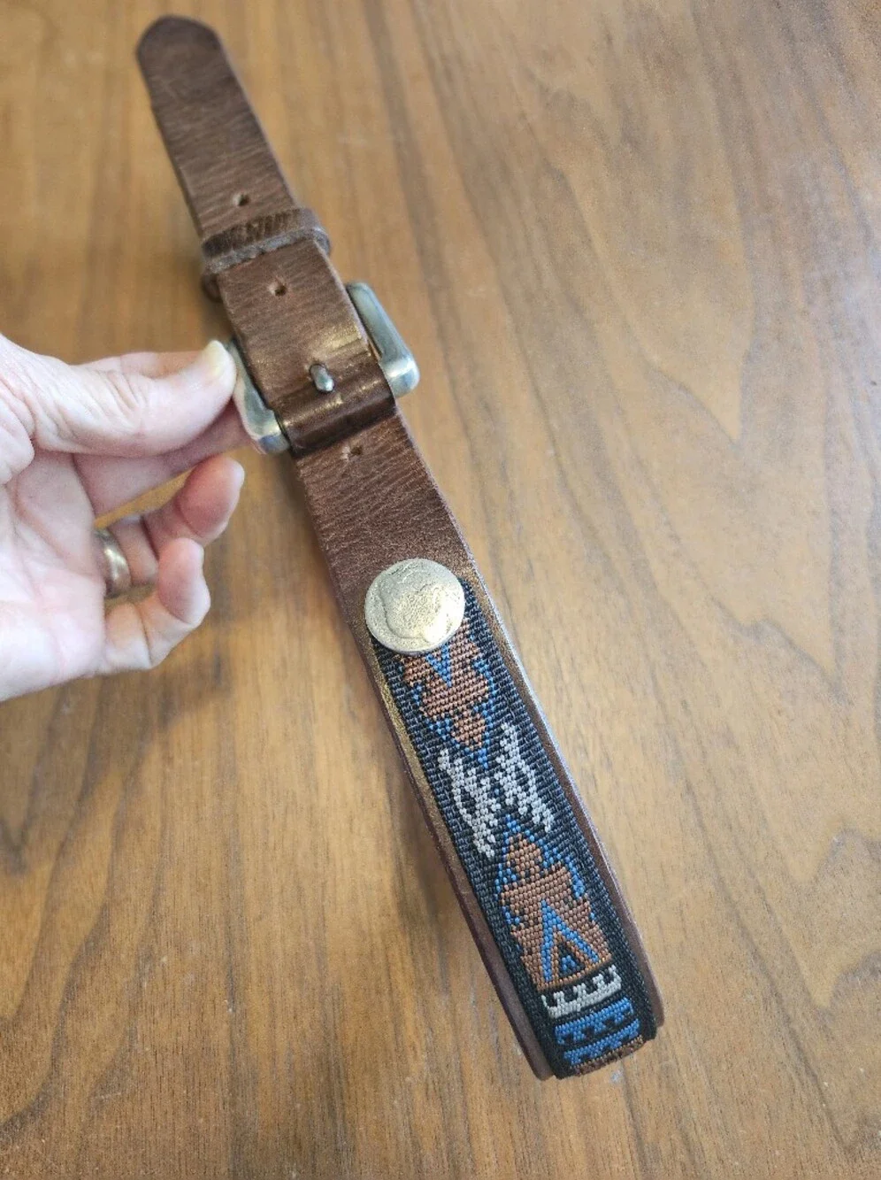 Vintage BATES Leather Brown Western Belt Tribal Needlepoint & Buffalo Nickel 28